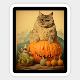 Weird Vintage Fat Cat and Pumpkin Halloween Collage - Whimsical Retro Charm Sticker